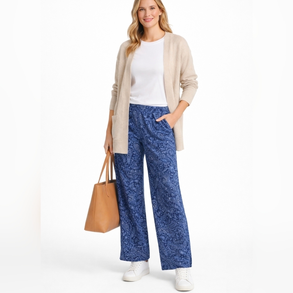 Coldwater Creek Blue Paisley Pull-On Pants Women’s Casual Wide Leg Size M Travel